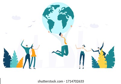 Successful businessman jumping hight up and holding the globe above his head. Symbol of celebrating, winning , achievement  professional career.