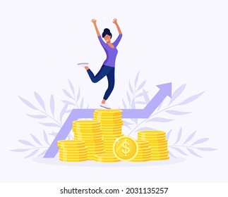 Successful businessman jumping for joy above stack of money. Profitable investment, funding. Woman celebrate successful deal. Stock market income. Diagram, graph growth. Vector illustration