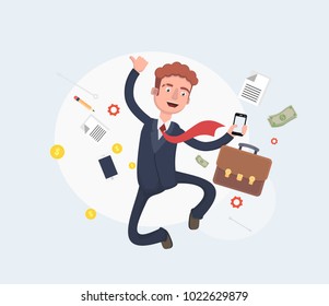 Successful businessman jumping for joy. Vector illustration in cartoon style