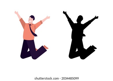 Successful businessman jumping. Office worker, white collar and black silhouette. Happy male character  in jump. Business person isolated on white background. Trendy flat vector illustration