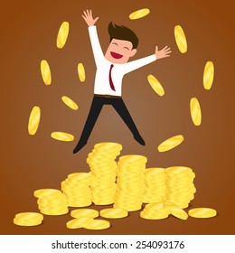 Successful businessman jumping on gold coins, vector Illustration
