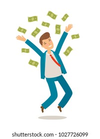 Successful businessman jumps and throws money. Business concept. Cartoon vector illustration