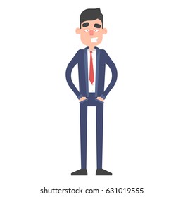 Successful businessman keeps hands in pockets. Office worker character in suit