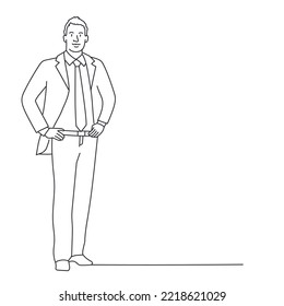 Successful businessman keeps his hands on his belt, office worker. Hand drawn vector illustration. Black and white.