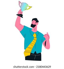 Successful businessman leader and winner with trophy prize, flat cartoon vector illustration isolated on white background. Business leader or competition award winner.