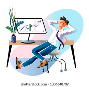 Successful businessman leaned back in chair, rejoices growth arrow chart. Positive dynamics on computer screen. Vector character illustration of business financial investment concept, growing income