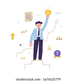Successful Businessman with Light Bulb in Hand Flat Style Cool Colors