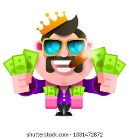 Successful Businessman, Like A King With Pockets Full Of Money Vector Illustration