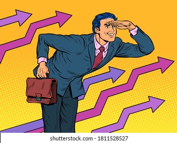 Successful businessman looking ahead at growing growth charts. Pop art retro vector illustration kitsch vintage 50s 60s style