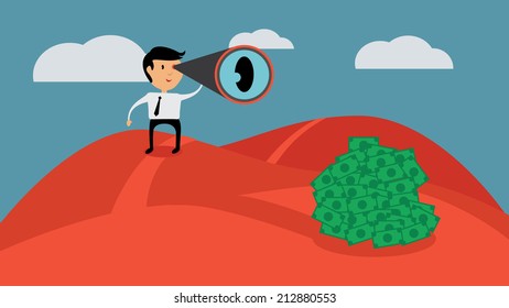 Successful businessman looking for money, flat design vector illustration