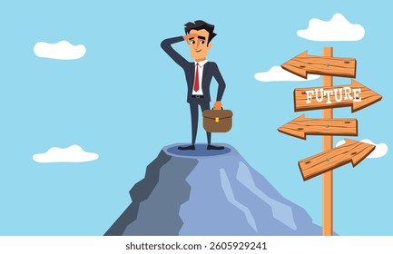 Successful businessman looks towards the future, professional person with a high vantage point  looking to what lies ahead