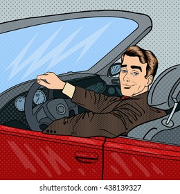 Successful Businessman in Luxury Car. Man Driving a Cabriolet. Pop Art. Vector illustration