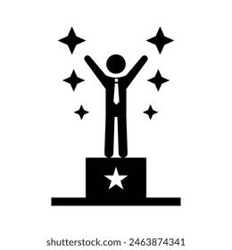 Successful Businessman a Man Champion Standing on Podium, Star Achiever Silhouette Icon Symbol