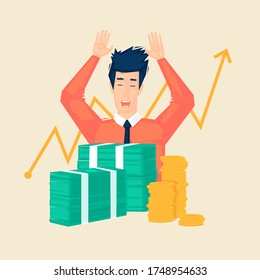 Successful businessman, man and a lot of money. Flat illustration in cartoon style. Vector.