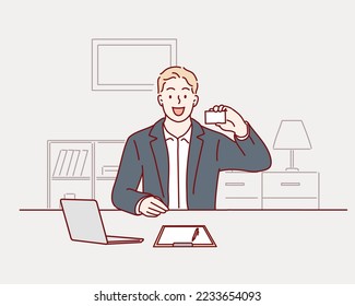  successful businessman, man working in the office sitting at the table. Hand drawn style vector design illustrations.