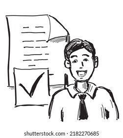 Successful businessman (manager) with finance paper document (sheet or page), which is hand drawn (doodle style) vector drawing.
