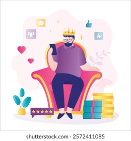 Successful businessman or manager is sitting on throne like king with crown on head. Confident man or influencer sitting on chair with smartphone and heap of money. Positive self esteem, leadership