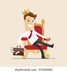 A successful businessman or manager is sitting on the throne like a king with crown on his head. Illustration, vector EPS10