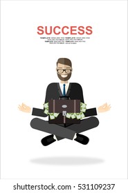 Successful  businessman meditating sitting and suitcase full of money. Vector flat design illustration. 
