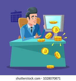 Successful Businessman Mining Bitcoin on Computer. Cryptocurrency Trading Concept. Vector illustration