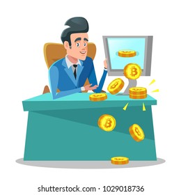 Successful Businessman Mining Bitcoin on Computer. Cryptocurrency Trading Concept. Vector illustration