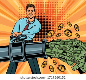 Successful businessman with money ejecting from tube as he turns the wheel to open the flow with a satisfied smile in a concept of achievement and success, vector illustration