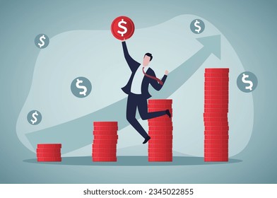 Successful businessman with money. Happy trader with profit in jump. Huge earning, salary. Entrepreneur making big money. Bonus, Investment. Stacks of dollar coins. Male winner with reward. 