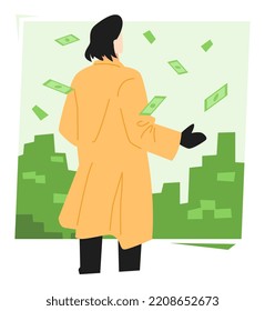 successful businessman. money rain. lots of money background. back view. business concept, rich, finance, etc. flat vector illustration