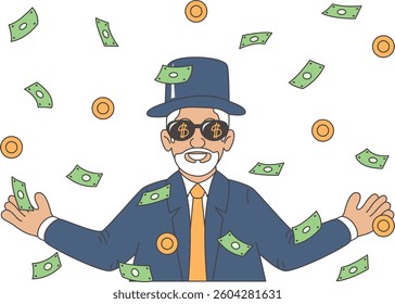 Successful businessman with money. A rich guy with a flying money vector illustration