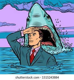 A successful businessman is not afraid of a shark attack. Calm and confidence. Pop art retro vector illustration drawing