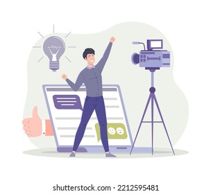 Successful businessman offering to buy online course or business seminar. Man lecturer, sales expert, coach presenting his webinar in front of camcorder. Sales training course flat vector