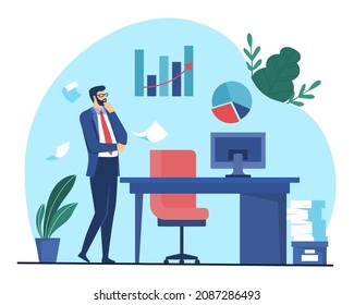 Successful Businessman In Office. Pensive Man Analyzes Statistics, Entrepreneur Evaluates Graphs And Diagrams. Boss Thinks About Further Development Of Company. Cartoon Flat Vector Illustration