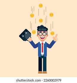 Successful businessman office vector flat illustration characters lots of money