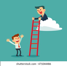 Successful businessman on cloud helps another businessman by holding ladder