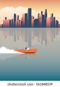 Successful Businessman On A Fast Speed Boat Riding In Front Of Commercial, Corporate Urban Downtown Skyline With Skyscrapers. Eps10 Vector Illustration.