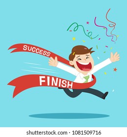 Successful businessman on the finishing line, success concept money
