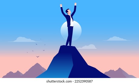 Successful businessman on mountaintop - Person in business clothes raising hands on peak of mountain, cheerful and happy with success. Flat design vector illustration with blue background