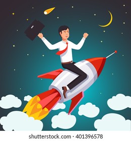 Successful businessman on a rocket flying high in the sky above the clouds. Flat style vector illustration.