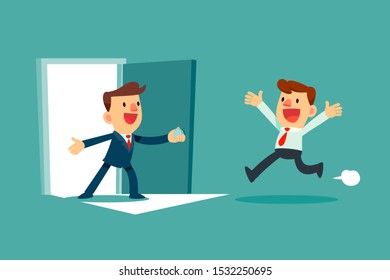 Successful businessman open door for another businessman. Business opportunity concept.