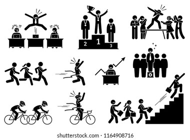 Successful businessman outdoing his colleagues. Pictogram depicts a person surpass, being better, and outperform others. He celebrates his success and achievement for the extraordinary performances.