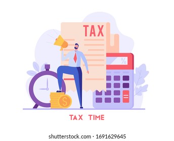 Successful businessman pays taxes on time. Tax time. Concept of tax return, optimization, duty, financial accounting. Vector illustration in flat design for UI, banner, mobile app