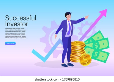 un empresario exitoso que señala que la gráfica va en aumento. Gráfica al éxito. El negocio está creciendo. Ilustración de diseño plana vectorial. 