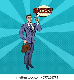 Successful Businessman Pop Art Banner. Vector illustration