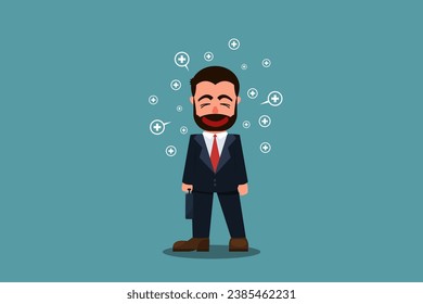 A successful businessman with positive energy is smiling. Positive business concept. A businessman with good energy is enjoying being positive. Vector illustration