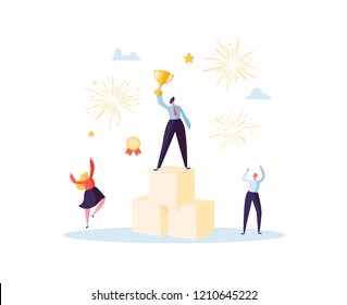 Successful Businessman with Prize on Podium. Business Success Teamwork Concept. Manager with Winning Trophy Cup. Leader Man and Woman Celebrating Victory. Vector illustration