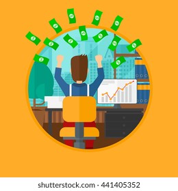 A successful businessman with raised hands sitting in front of computer monitor with growing chart under money rain. Business vector flat design illustration in the circle isolated on background.