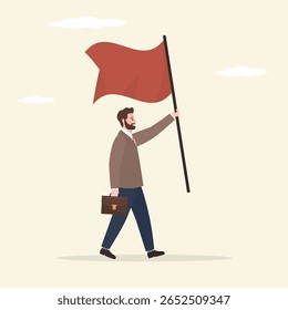 Empresário de sucesso levantando bandeira vencedora com triunfo e orgulho. Vitória nos negócios, realização de missão ou realização de sucesso, liderança para ganhar a competição, desafio.