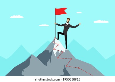 Successful businessman with red flag on mountain peak. Business man climbing up on top career ladder. Male goal achievement and leadership concept. Symbol of success and victory enjoy illustration