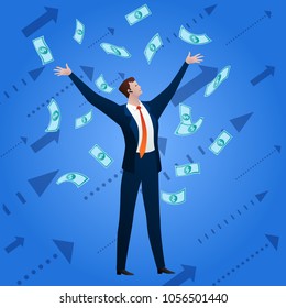 The successful businessman rejoices to the money falling on him on a blue background with arrows. Business concept. Vector flat clip-art illustration.