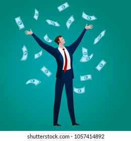 The successful businessman rejoices to the money falling on him on a green background. Business concept. Vector flat clip-art illustration.